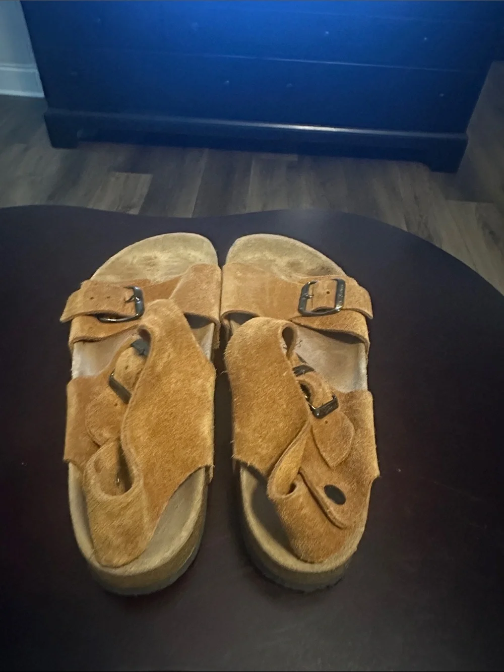 Women’s Two-Buckle Suede Sandals in Tan